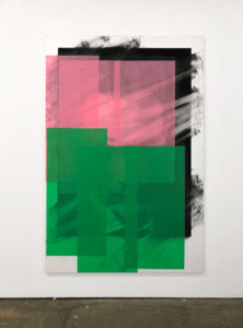 Valentin van der Meulen, Affiché(es) 7, 2020, 195 x 130 cm, fusain, pierre noire et papier coloré sur papier marouflé sur bois, monté sur chassis 