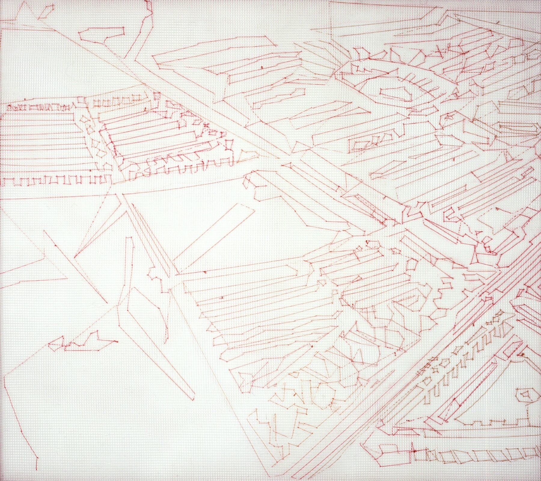 Claire Maugeais, Trame rouge n°2, 2000, 103 x 118 cm, fils de soie, trame plastique