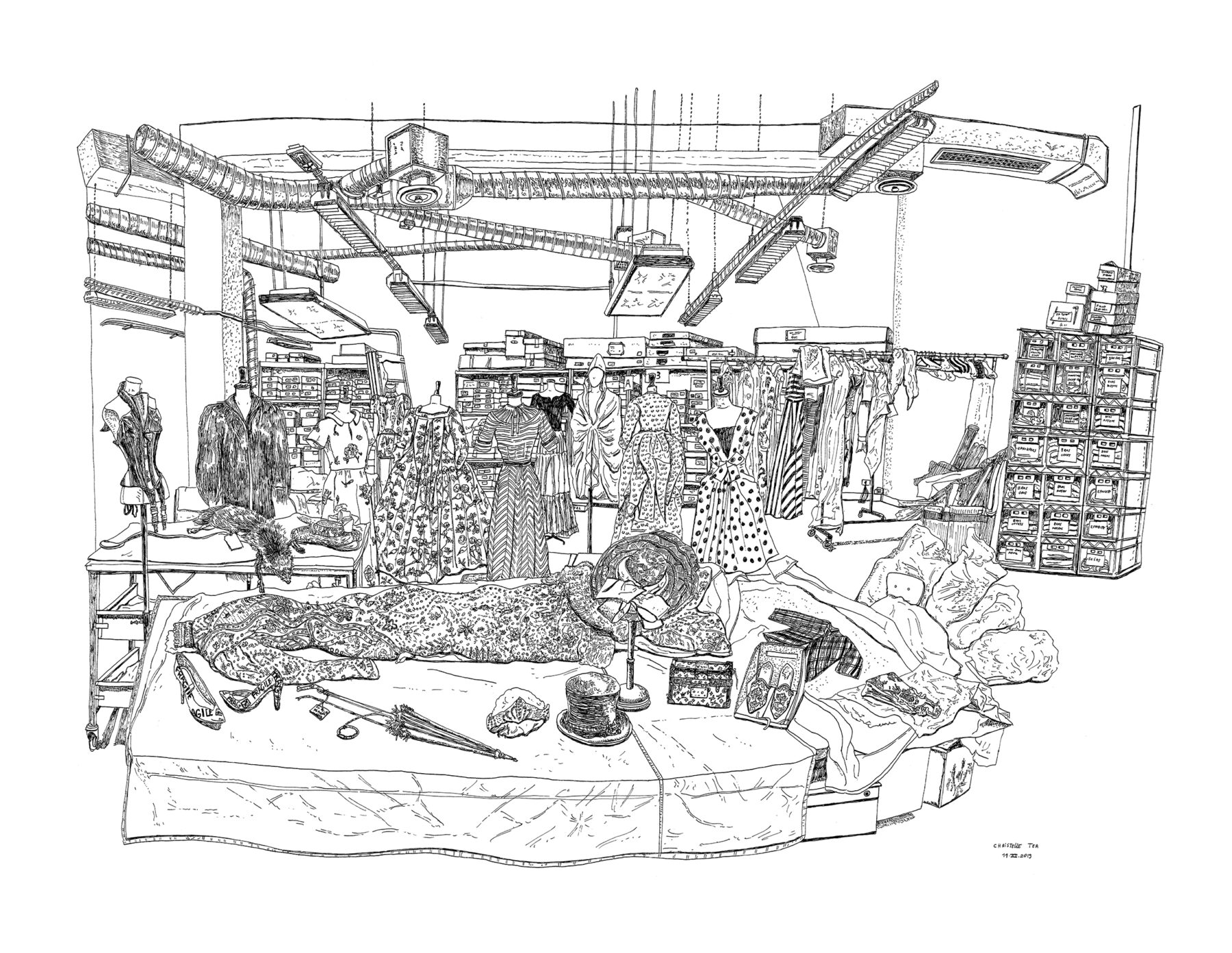 Christelle Téa, Réserve du Palais Galliera, rue Sevran, Paris, 9.XI.2019, encore de Chine sur papier, 50 x 65 cm. ©Christelle Téa