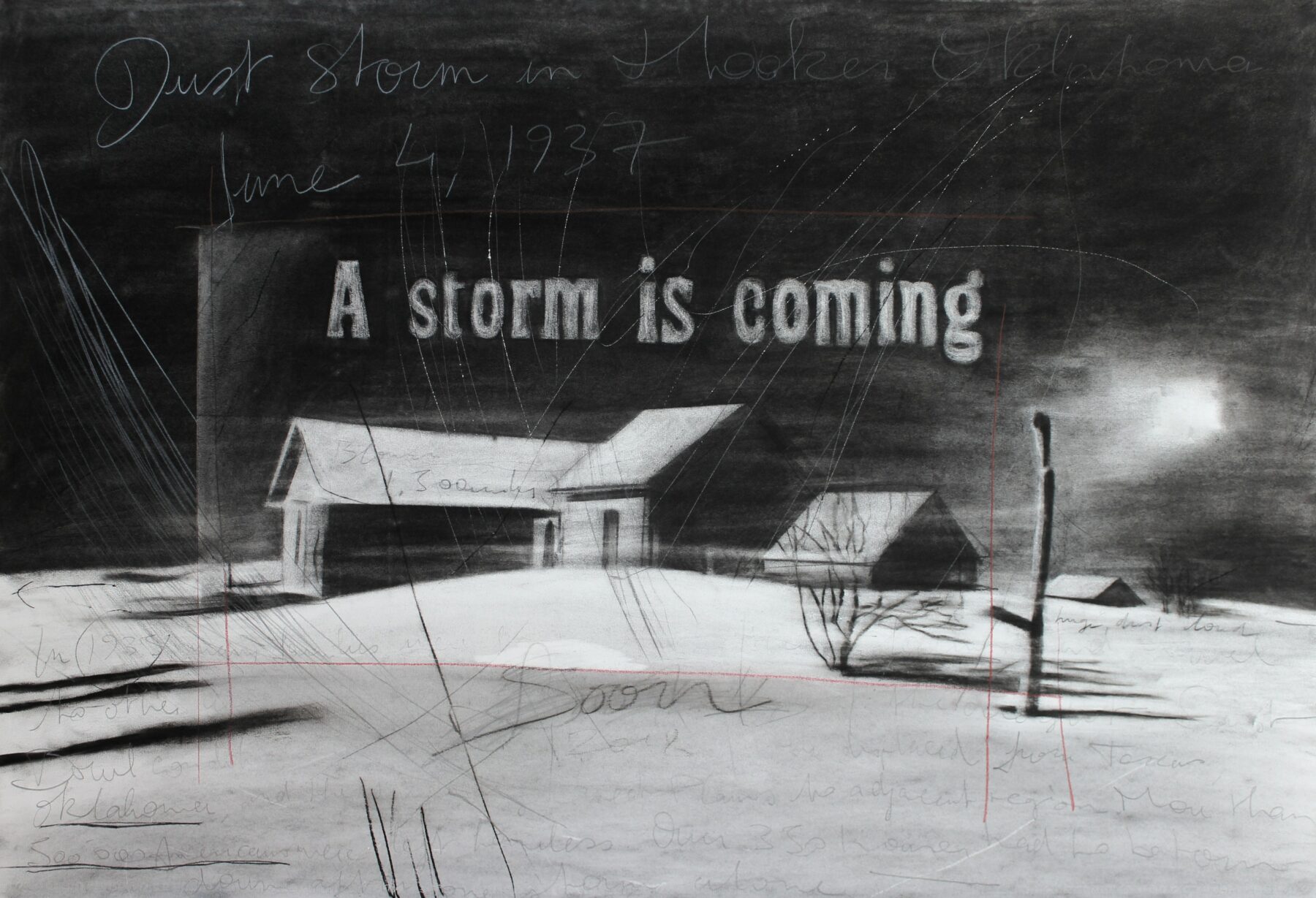 Gabriel Folli, A storm is coming, fusain, pierre noire, graphite et crayon de couleur sur papier, 75 x 110 cm, 2017. © Gabriel Folli