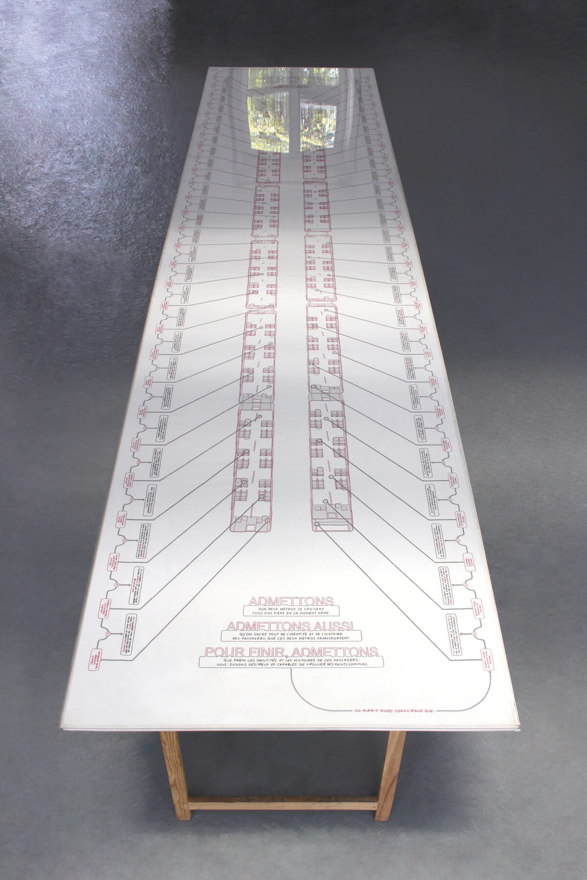 Juliette Green, Admettons que deux métros se croisent sous nos pieds en ce moment-même, 2019, feutre sur papier kraft blanc, 3,63 m x 89,9 cm. © Juliette Green