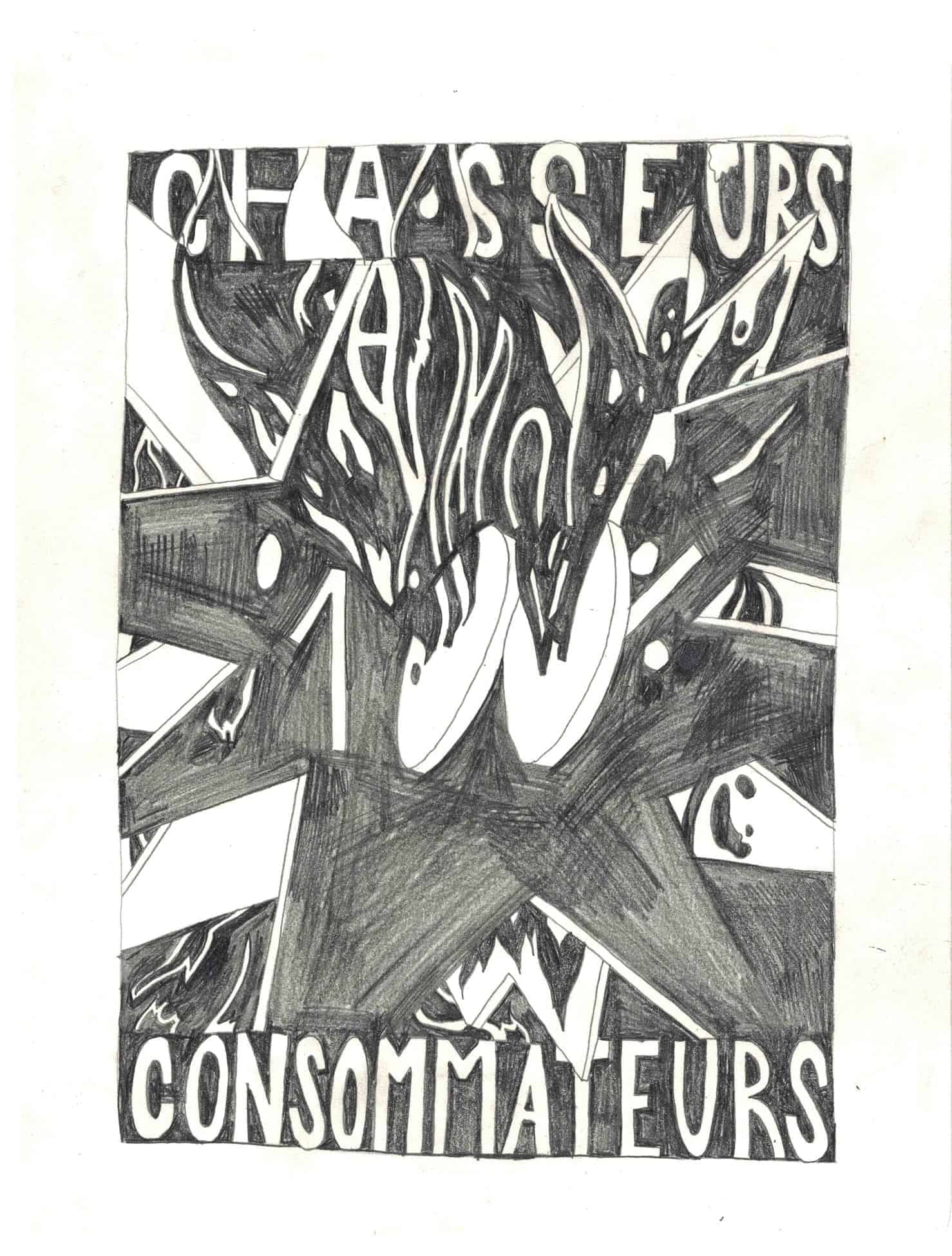 Thibault Scemama de Gialluly, Chasseurs consommateurs, 19x25, crayon sur papier, 2020