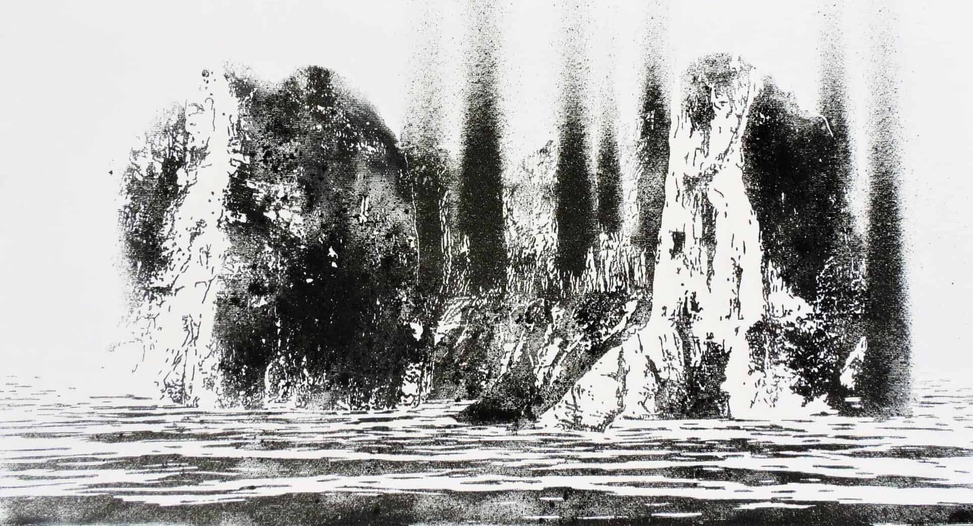 Nicolas Daubanes, Mont Aiguille, Vercors, d’après L’Île des morts (Die Toteninsel) d’Arnold Böcklin, 2021. Poudre d’acier aimantée, 80 × 150 cm © Droits réservés