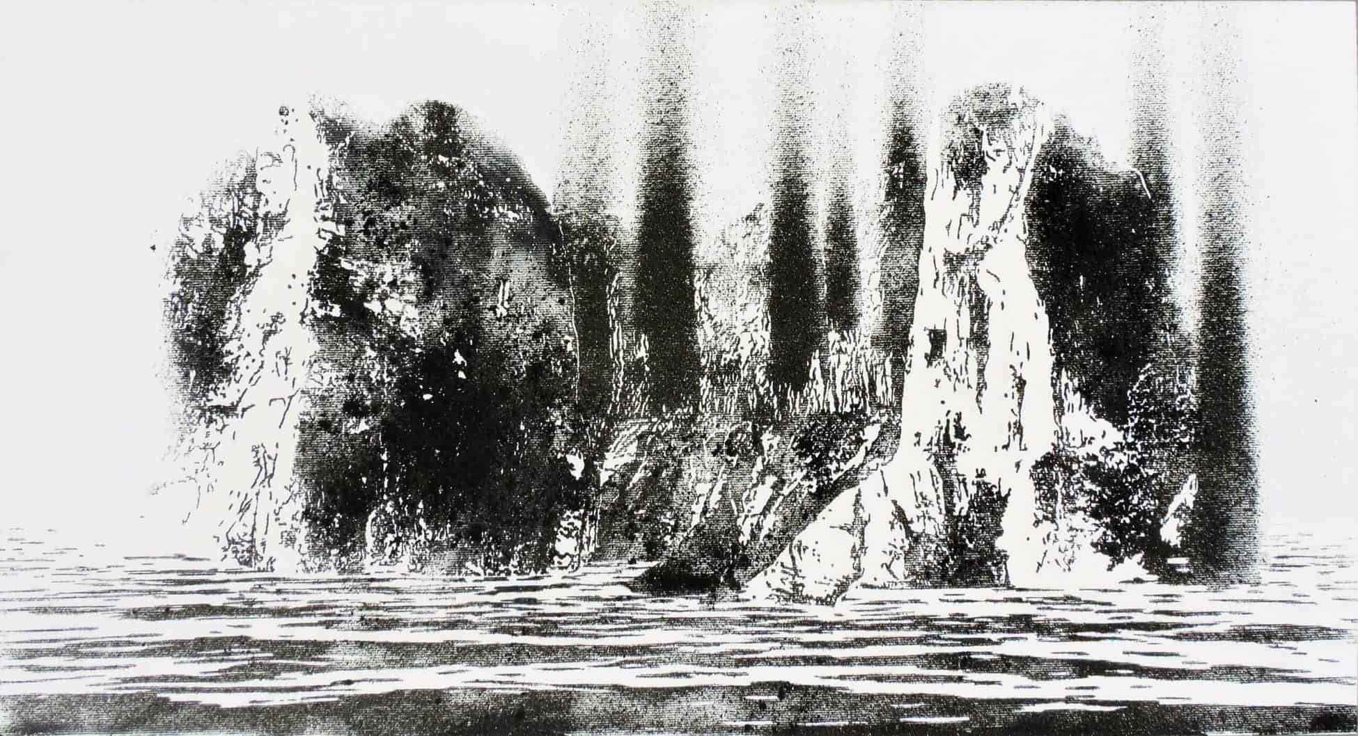 Nicolas Daubanes, Mont Aiguille, Vercors, d’après L’Île des morts (Die Toteninsel) d’Arnold Böcklin, 2021. Poudre d’acier aimantée, 80 × 150 cm © Droits réservés