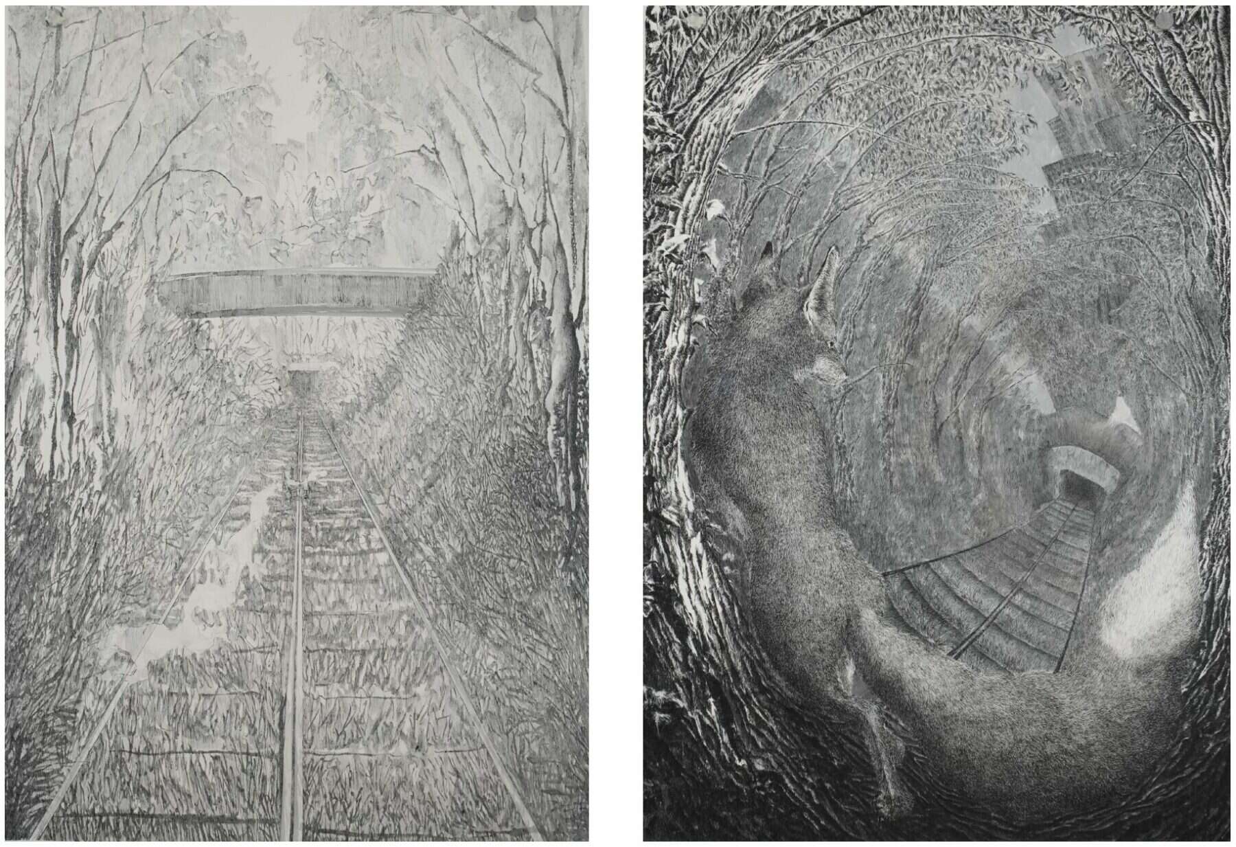 « Le Renard I et II », 2025, encre sur papier, 150 x 100 cm